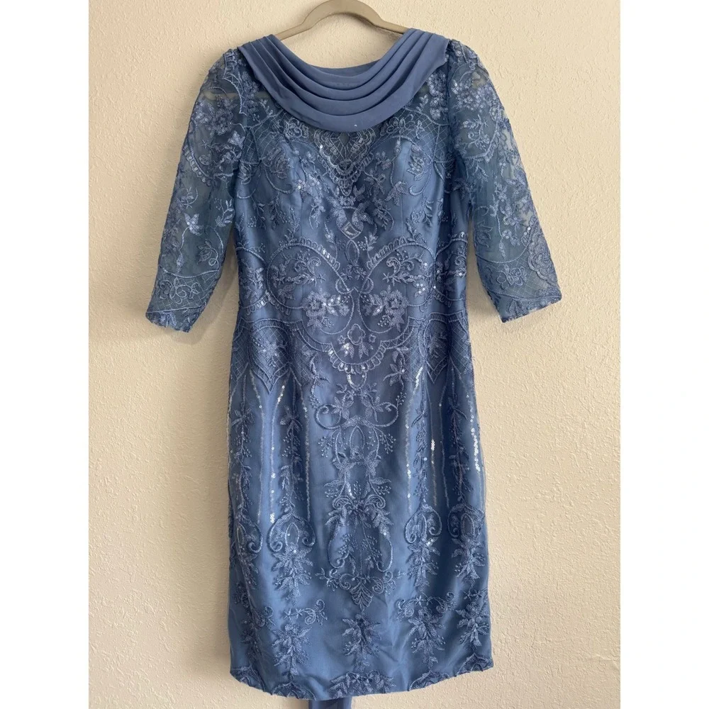 NWT JJ's House Jostelle Slate Blue Sequin Sheath Dress Cowl Neck Back Sash 12
